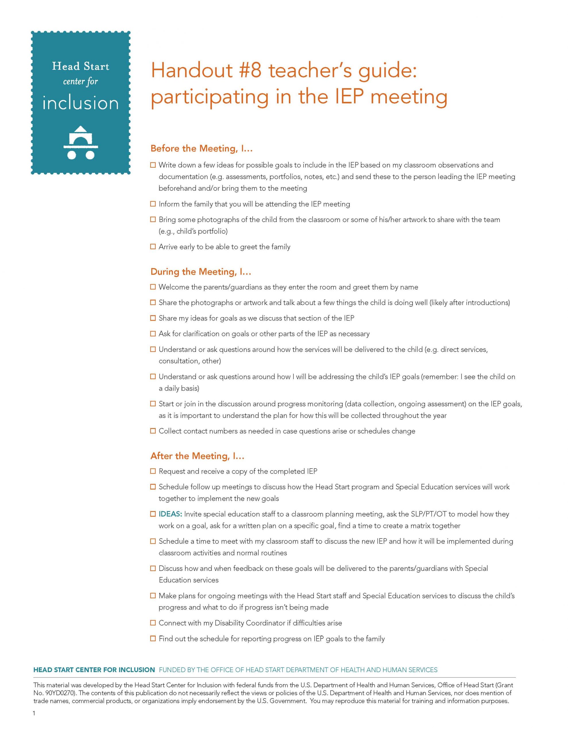 Teacher's Guide: Participating in the IEP Meeting