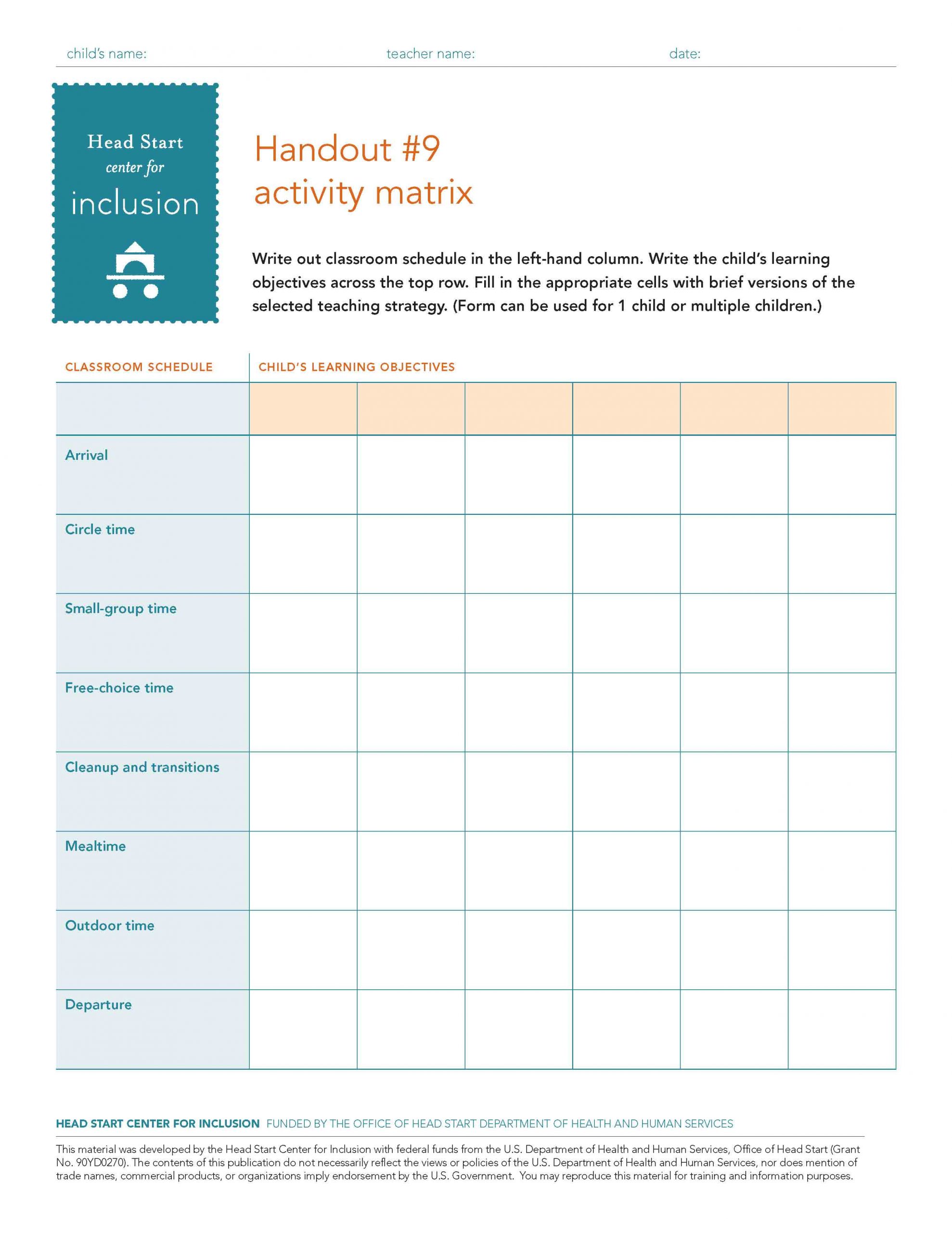 blank Activity Matrix
