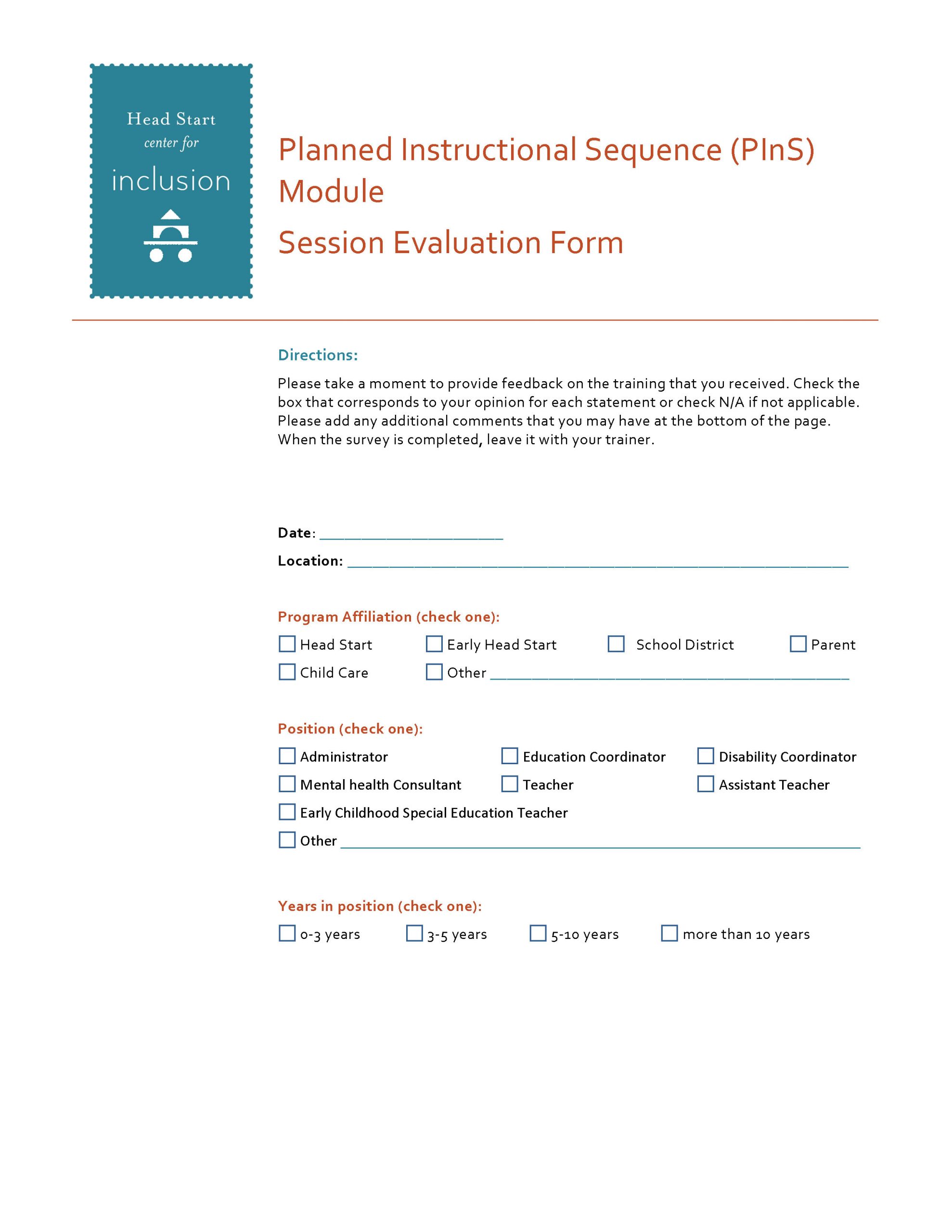 Screenshot of first page of Planned Instructional Sequence(PinS) Module Session Evaluation Form.