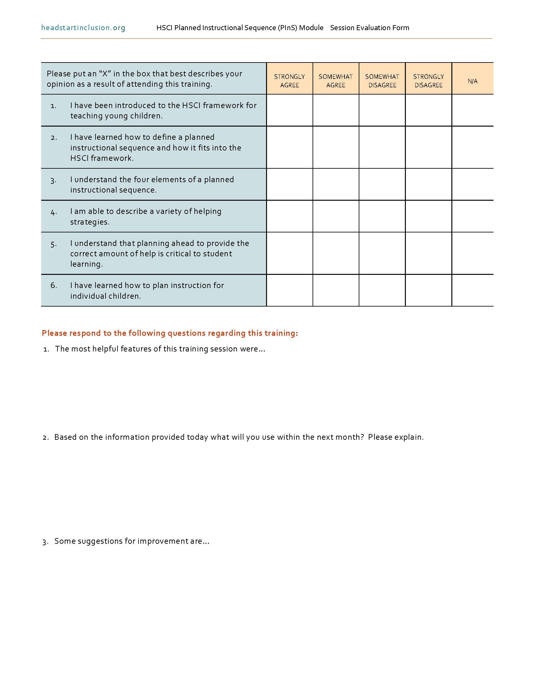 Screenshot of second page of Planned Instructional Sequence(PinS) Module Session Evaluation Form.
